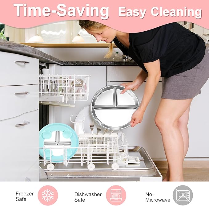 Bella's Friends Stainless Steel Toddler Plates Silicone Suction,3 Packs Non-Slip Baby Plates,Divided Portion,Food-Grade Silicone Plate for Kids,LEAD-FREE Dishwasher Safe,Grey Green Pink