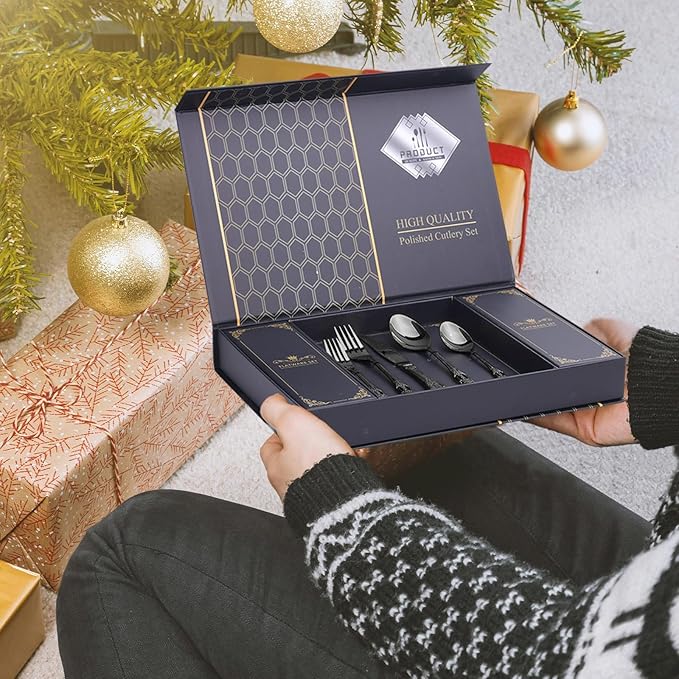 20 Piece Gorgeous Retro Royal Black Silverware Set for 4, Premium Stainless Steel Flatware Set with gift box, Mirror Polished Cutlery Set Including Spoons and Forks, Vintage Utensils, Dishwasher Safe