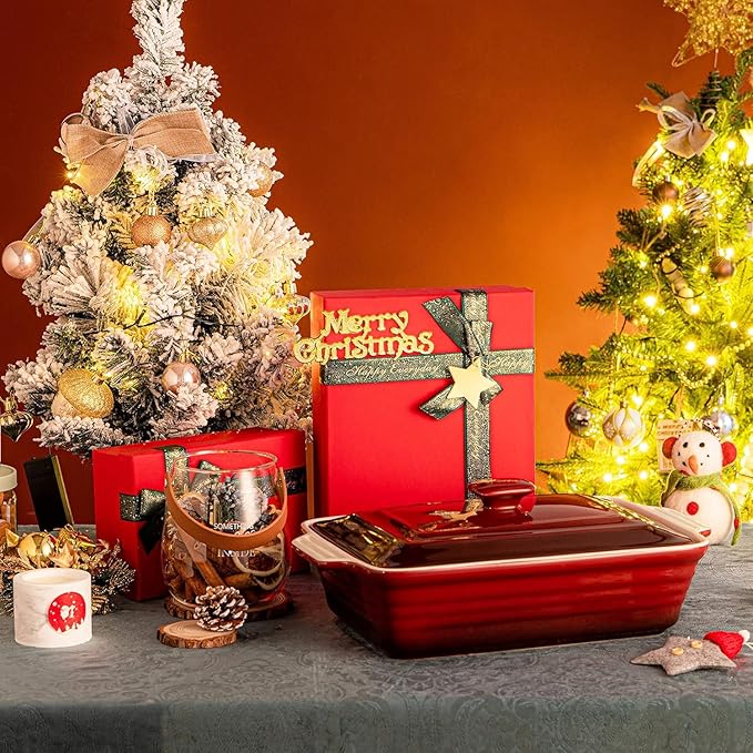 LOVECASA 4.5 Quart Ceramic Casserole Dish with Lid, 9x13 Baking Dish for Oven, Lasagna Pan Deep with Handles, Stoneware Bakeware, Oven & Dishwasher Safe, Gradient Red