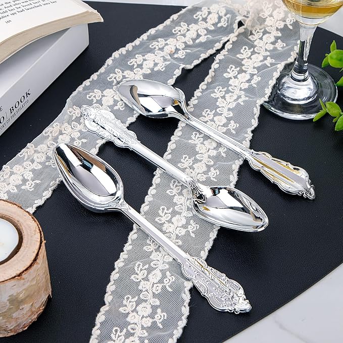 WDF 100 Piece Silver Plastic Spoons Disposable - 6.93 Inch Baroque Silver Silverware for Dessert Cake - Heavy Duty Plastic Spoons for Christmas Party, Wedding or Daily Using