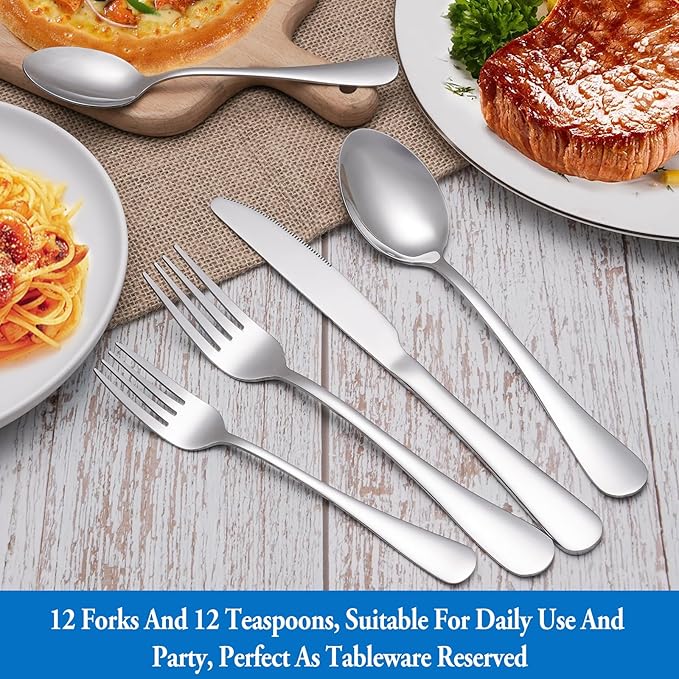 24 Pcs Forks and Spoons Silverware Set,Food Grade Stainless Steel Flatware Cutlery Set for Home,Kitchen and Restaurant,Mirror Polished,Dishwasher Safe-12 Dinner Fork(8 inch) and 12 Teaspoon(6.5 inch)