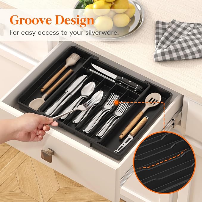 Lifewit Silverware Drawer Organizer, Expandable Utensil Tray for Kitchen, BPA Free Flatware and Cutlery Holder, Adjustable Plastic Storage for Spoons Forks Knives, 10.9"-17.5" x 13.7", Black
