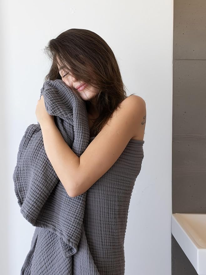 4 Pieces Muslin Towel Set for Bathroom, Luxury 100% Turkish Cotton Thin Soft Quick-Dry Lint-Free Large Size Bath Hand Towel Sets (Dark Gray, 2 Bath & 2 Hand Towel Set)