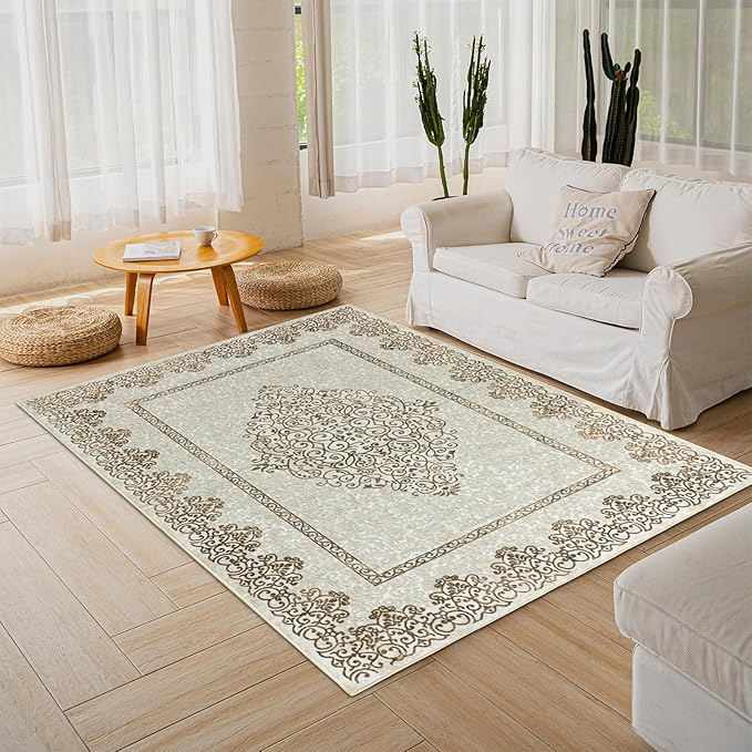 Easy-Going Area Rug 5x7 Washable Boho Neutral Rugs for Living Room Non-Slip Bedroom Rug Low Pile Lightweight Floral Brown Print Vintage Throw Rug for Dining Room Bathroom Kitchen Home Office Carpet