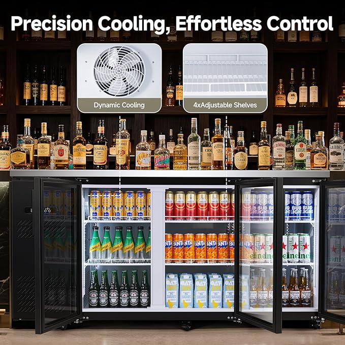 BODEGA BODEGACOOLER Commercial Bar Cooler with 3 Glass Doors, 20.5 Cu.Ft Back Bar Beverage Refrigerator for Beer Soda Wine,LED Lighting With Stainless Steel Top,Casters Kitchen Buffet Table Use