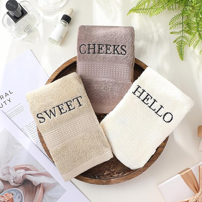 3 Pcs Farmhouse Decorative Hand Towels for Bathroom and Kitchen Rustic Embroidered 100% Cotton Hand Towels Decorative Set for Boho Bathroom Decor(Brown,Hello Sweet Cheeks)