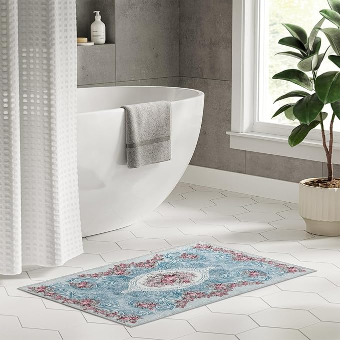 Easy-Going Floral Area Rug 3x5 Entryway Rug Washable Inside Door Mats for Home Entrance Non-Slip Retro Flowers Small Rugs for Entry Living Room Bedroom Kitchen Bathroom Lightweight Carpet, Teal Red