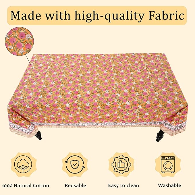 Ridhi Bubblegum Pink Hand Block Print Cotton Rectangle Tablecloth 90" x 60" inches Reusable Table Cover Decorative Everyday Use for Dining, Farmhouse, Home, Party, Festive, Wedding, Fall