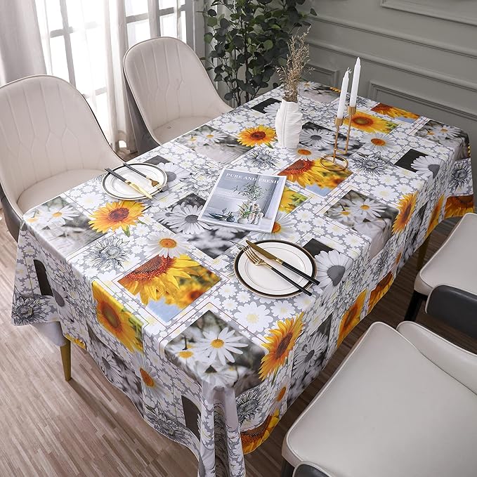 Heavy Duty Vinyl Tablecloth with Flannel Backing Waterproof Oil-Proof Plastic Table Cloth Stain-Resistant Wipeable Rectangle or Square Table Cover for Indoor and Outdoor ( Sunflower, 60X84 Inch)