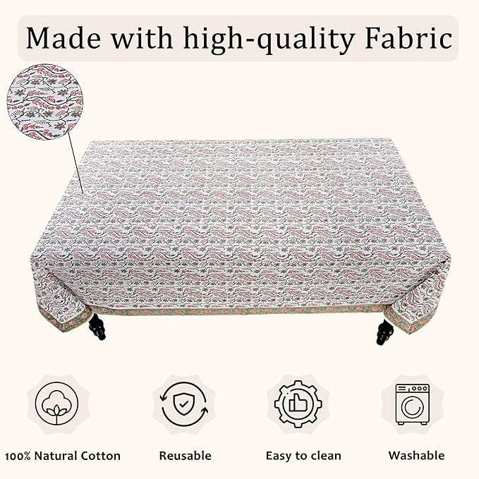 Ridhi Coral Pink Hand Block Print Cotton Rectangle Tablecloth 120" x 60" inches Reusable Table Cover Decorative Everyday Use for Dining, Farmhouse, Home, Party, Festive, Wedding, Fall