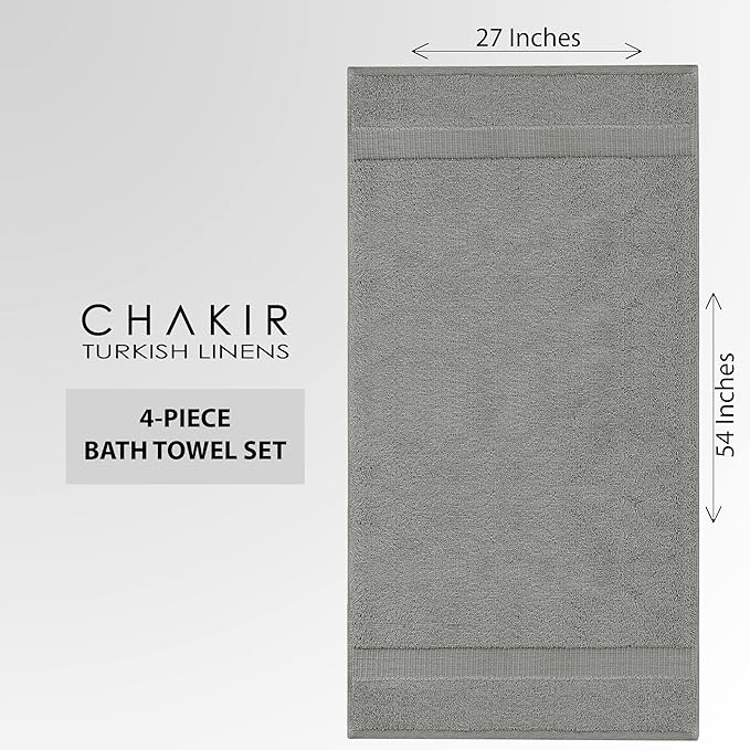 Chakir Turkish Linens 100% Cotton Premium Turkish Towels for Bathroom | 27'' x 54'' (4-Piece Bath Towels - Gray)