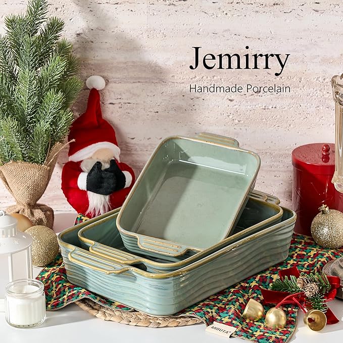 Ceramic Baking Dish Set of 3, Casserole Dishes for Oven, Square Porcelain Bakeware Set with Handles, Lasagna Baking Pan for Cooking, Perfect for Baking and Serving, Housewarming, Halloween, Thanksgiving, Christmas, New Year- Green