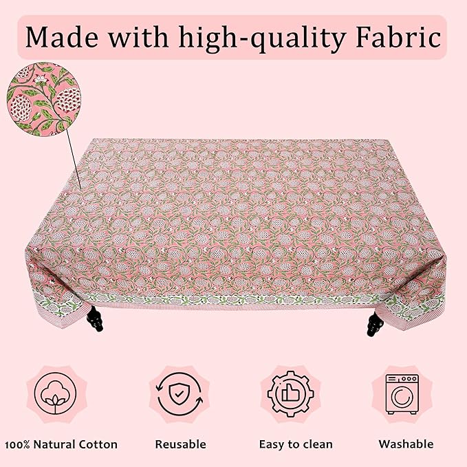 Ridhi Strawberry Pink Hand Block Print Cotton Rectangle Tablecloth 60" x 60" inches Reusable Table Cover Decorative Everyday Use for Dining, Farmhouse, Home, Party, Festive, Wedding, Fall