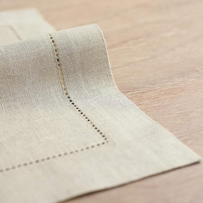 Solino Home Natural Linen Napkins Set of 6-100% Pure Linen Hemstitch Dinner Napkins 20 x 20 Inch for Holiday, New Year - Classic Hemstitch