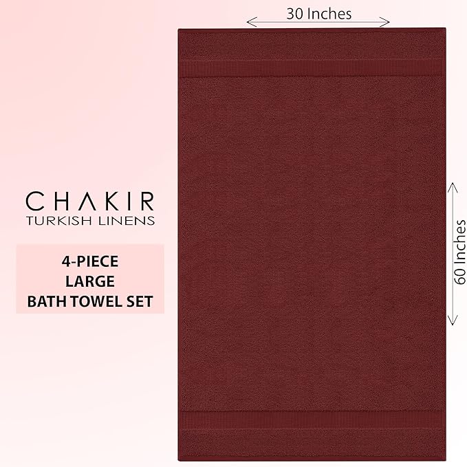 Chakir Turkish Linens 100% Cotton Premium Turkish Towels for Bathroom | 30'' x 60'' Large Bath Towels (4 Piece, Cranberry)