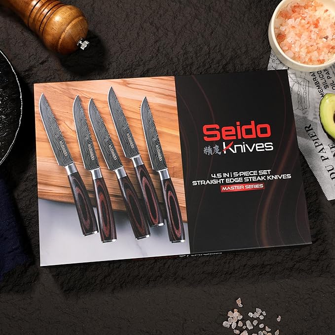 Seido Knives 5-Piece Straight-Edge Steak Knives Set - Full Tang with Ergonomic Pakkawood Handles, Stainless Steel Blades with Damascus Etching