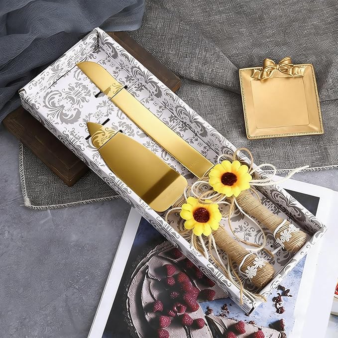 TANG SONG Rustic Wedding Cake Knife and Serving Set with Sunflower Burlap Lace Wedding Cake Knife (Gold-Set of 2)