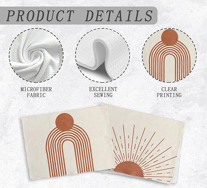 Beige Red Sunrise Moon Rainbow Kitchen Towels and Dishcloths Sets of 2, Bohemian Decorative Towels, Abstract Arch Line Drying Cloth Hand Towels for Bohemian Bathroom Kitchen Decor, 16×24 Inches