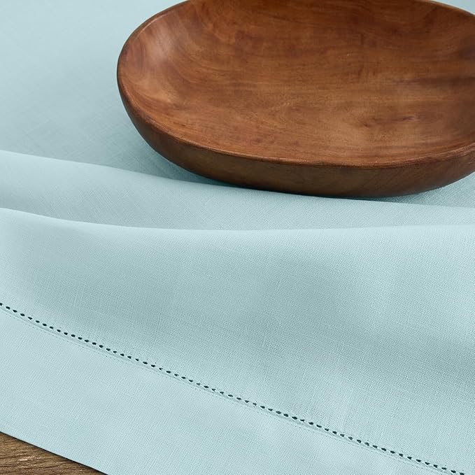 Solino Home Linen Square Tablecloth 52 x 52 Inch - 100% Pure Linen Aqua Blue Table Throw - Classic Hemstitch, Machine Washable Table Cloth for Winter
