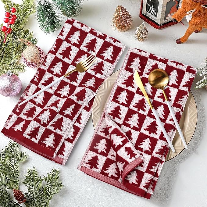 Jacquotha Red Christmas Hand Towels for Bathroom - 2-Piece Checkered & Xmas Tree Kitchen Towels, Festive Decor and Everyday Use, Cotton, 13” x 29”