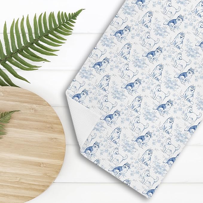 Siberian Husky Dog Gifts for Light Blue Chinoiserie Floral Decor Kitchen Towels,Blue and White Husky Dog Grandmillennial Decorative Dish Tea Towels for Bathroom,16x24 Inch