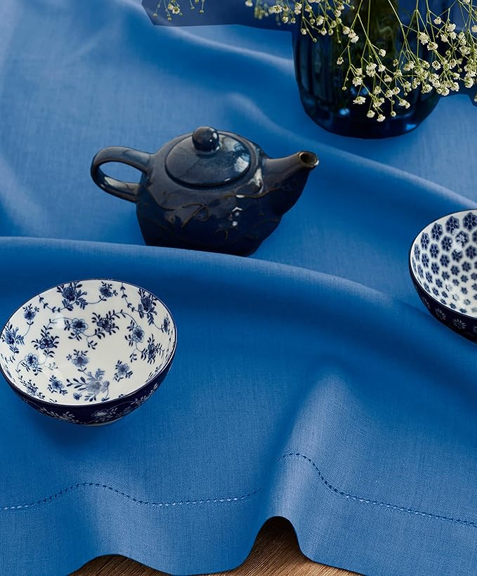 Solino Home Linen Square Tablecloth 52 x 52 Inch - 100% Pure Linen Indigo Blue Table Throw - Classic Hemstitch, Machine Washable Table Cloth for New Year