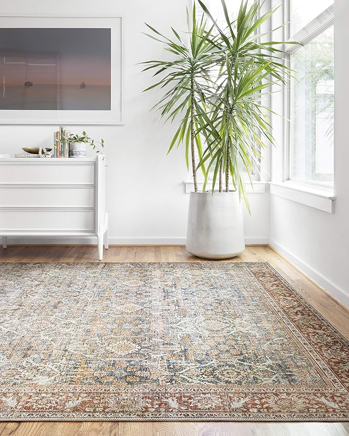 Loloi Layla Collection LAY-04 Ocean/Rust 2'-6" x 12'-0" .13" Thick Runner Rug, Soft, Durable, Vintage Inspired, Distressed, Low Pile, Non-Shedding, Easy Clean, Printed, Living Room Rug