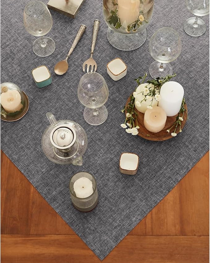 Solino Home Linen Cloth Tablecloth 52 x 52 Inch - 100% Pure Linen Chambray Black Square Tablecloth - Athena, Machine Washable Table Throw for Winter, Holiday