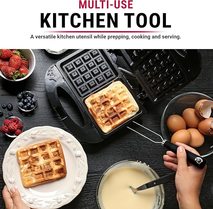 Waffle Fork for Belgian Waffles, Mulit-Use Stainless Steel Kitchen Tool with Silicone Handle, Beveled Prongs, Belgian Baking Accessory - One Size Black