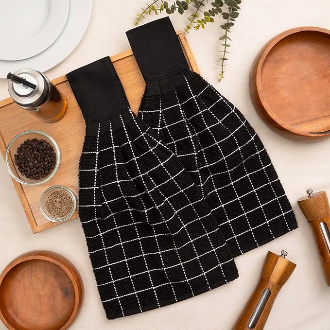 Blue Needles Hanging Kitchen Towels - Black 100% Cotton Solid Kitchen Tie Towel, Set of 2 Hand Dish Cloth with Hanging Loops 9 x 17 Inches, Absorbent, Super Soft, and Fast Drying Home Essential