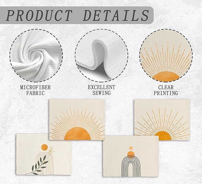 Boho Abstract Orange Sunshine Kitchen Towels and Dishcloths Set of 4, Boho Mid Century Modern Abstract Minimalist Sunshine Drying Cloth Hand Dish Tea Towels for Bathroom Kitchen, 16x24 Inches