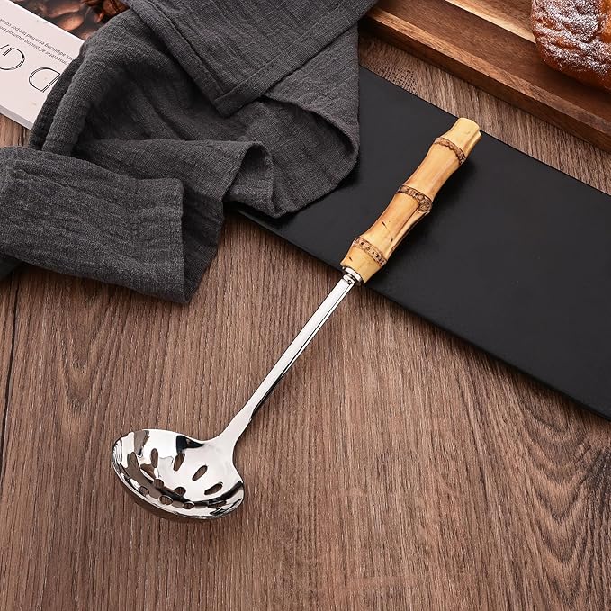 Soup Ladle and Slotted Spoon Set, 304 Stainless Steel Serving Utensils with Natural Bamboo Handle, Soup Spoons For Serving Gravy Hot Pot Or Restaurant, 10.2 Inch, 4 PCS / 2 of Each