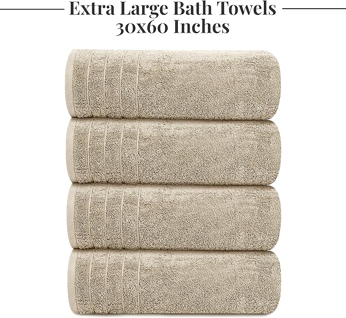 Tens Towels Pack of 4 Extra Large Bath Towels 30 x 60 Inches, 100% Cotton, Larger & Lighter Weight, Quicker to Dry, Super Soft and Absorbent, Perfect for Bathroom, Beige