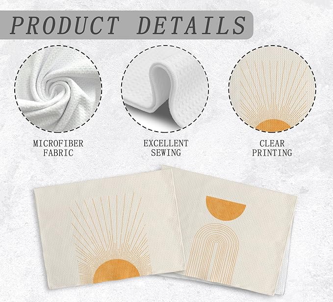 Beige Orange Abstract Sunrise Kitchen Towels and Dishcloths Set of 2, Bohemian Sun Decorative Towels, Orange Moon Drying Cloth Hand Towels for Bohemian Bathroom Kitchen Decor, 16×24 Inches