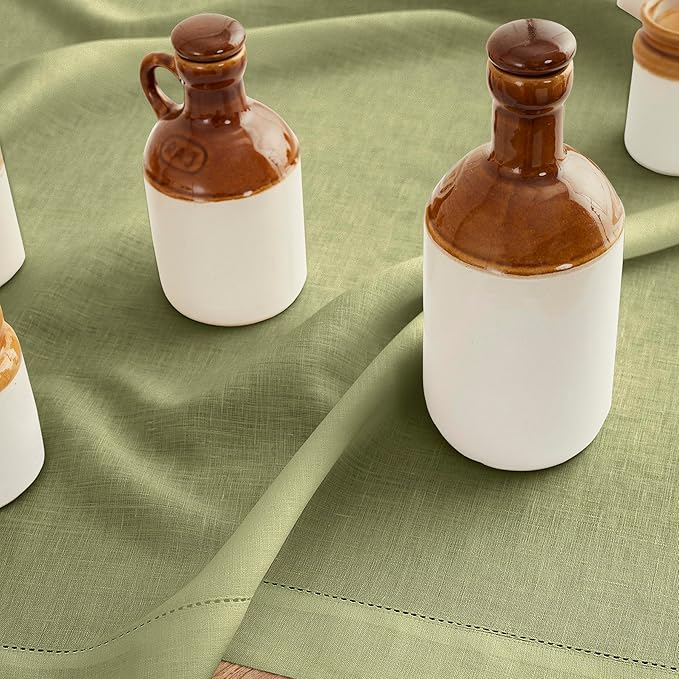 Solino Home Linen Moss Green Table Runner 132 Inches Long - 100% Pure Linen Extra Long Table Runner 14 x 132 Inch - Classic Hemstitch