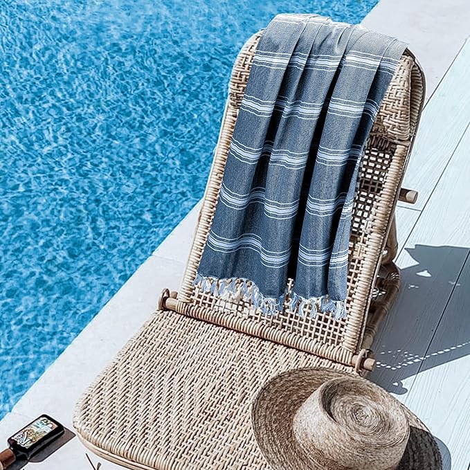 Belizzi Home Peshtemal Turkish Towel Chevron Beach Towels Oversized 36x71 Set of 6, Beach Towels for Adults, Soft Durable Absorbent Extra Large Bath Sheet Hammam Towel - Navy Blue