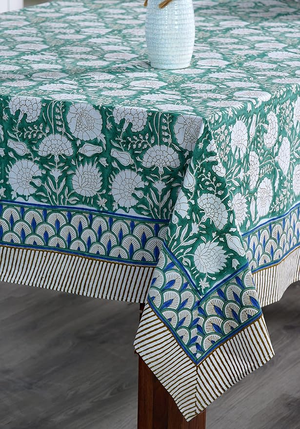 Ridhi Turquoise Moss Green Hand Block Print Cotton Rectangle Tablecloth 190" x 72" inches Reusable Table Cover Decorative Everyday Use for Dining, Farmhouse, Home, Party, Festive, Wedding, Fall