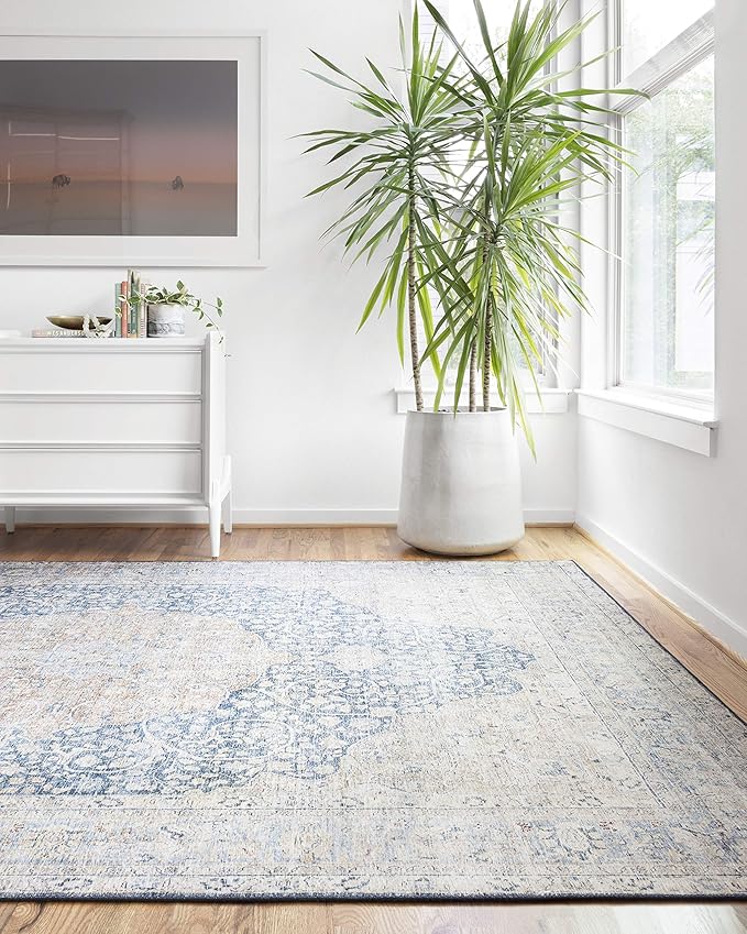Loloi Layla Collection LAY-07 Blue/Tangerine 2'-0" x 5'-0" .13" Thick Accent Rug, Soft, Durable, Vintage Inspired, Distressed, Low Pile, Non-Shedding, Easy Clean, Printed, Living Room Rug