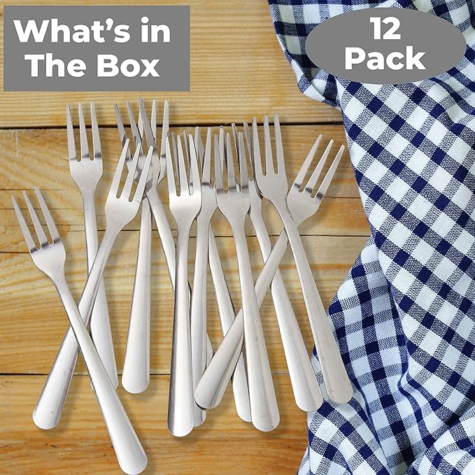 Super Durable, Elegant Mini Cocktail Forks 12 Pcs. Stainless Steel Tasting or Sampling Fork Set for Hors D'Oeuvres, Appetizers, Mussels, Crab. Small Metal Flatware Is Great for Restaurants and Events