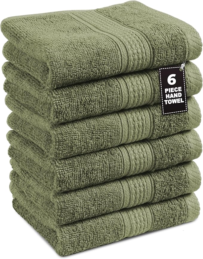 LANE LINEN 6 PCs Hand Towel Set for Bathroom (16"x28") - 100% Ringspun Cotton Hand Towel Set - Quick Dry, Ultra Soft & Absorbent, Durable Large Hand Towels - Tumble Dry Regains Fluffiness - Oil Green