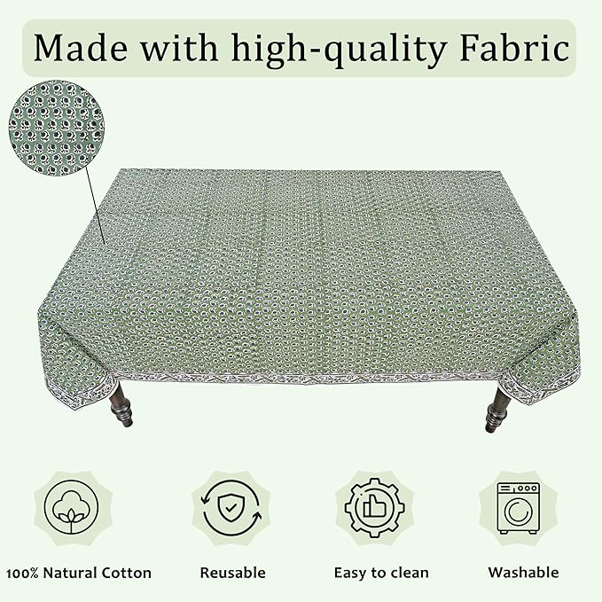 Ridhi Basil Green Hand Block Print Cotton Rectangle Tablecloth 102" x 48" inches Reusable Table Cover Decorative Everyday Use for Dining, Farmhouse, Home, Party, Festive, Wedding, Fall