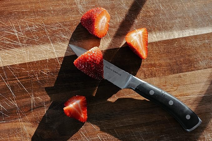 DURA LIVING 3-Piece Kitchen Knife Set – Ultra-Sharp German Stainless Steel, 8” Chef, 5” Utility, and 3.5” Paring Knives with Ergonomic Handles, Multipurpose Kitchen Knife Set, Black