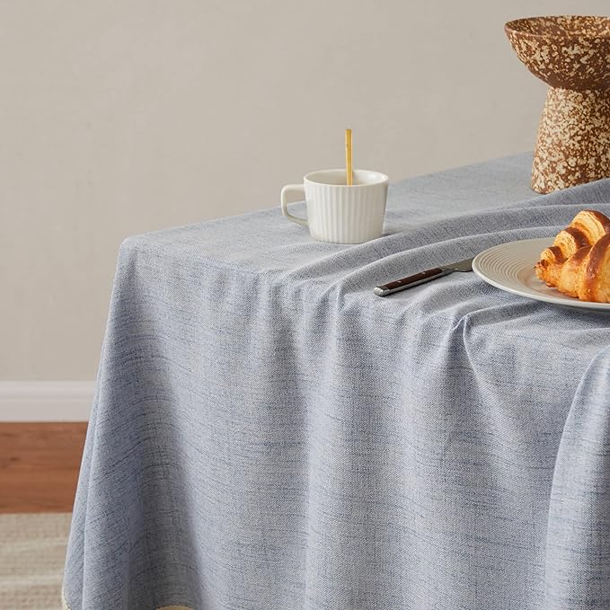 Linen Tablecloth with Tassels, Farmhouse Style Blue Tablecloth, Water Resistant Burlap Tablecloths for Rectangle Table, 60x84 Inch Blue