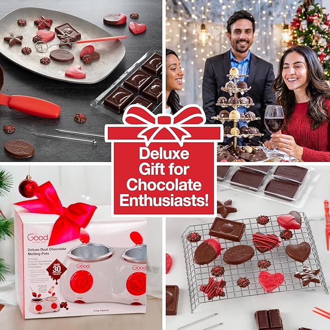 Dual Electric Chocolate Melting Pot Set - XMAS Candy Bar Making or Fondue Fountain Kit w/ 30 Bonus Accessories - Dip, Drizzle & Decorate Strawberries, Marshmallows - Holiday Party Appetizers Desserts