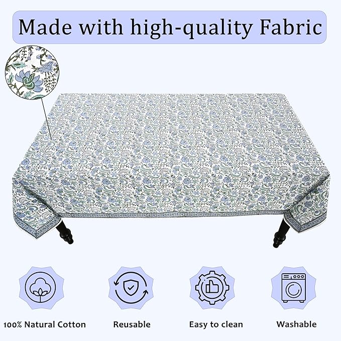 Ridhi Columbia Blue Hand Block Print Cotton Rectangle Tablecloth 90" x 60" inches Reusable Table Cover Decorative Everyday Use for Dining, Farmhouse, Home, Party, Festive, Wedding, Fall