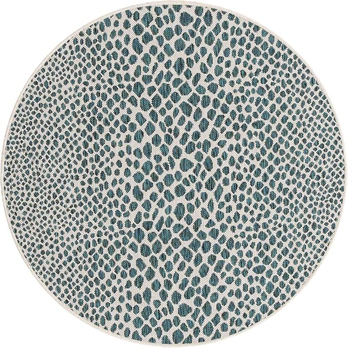 Unique Loom Outdoor Collection Area Rug - Cape Town (4' 1' Round, Teal/ Ivory)