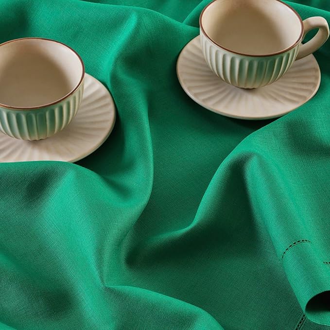 Solino Home Linen Emerald Green Tablecloth 52 x 52 Inch - 100% Pure Linen Square Table Throw - Classic Hemstitch, Machine Washable Table Cloth for New Year