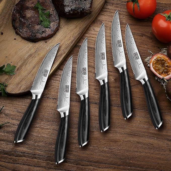 HOSHANHO Steak Knives Set of 6, 4.5 Inch Japanese Serrated Steak Knife Set, Ultra Sharp High Carbon Powder Steel Steak Knife with Pakkawood Handle