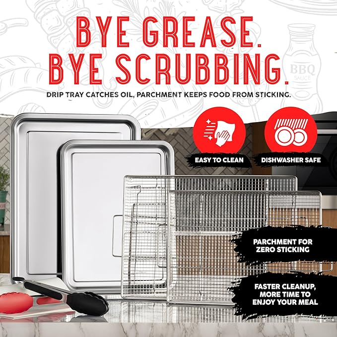 Shizzo Air Fryer Basket for Oven– Large Stainless Steel Air Fryer Tray and Pan Set with 50 Parchment Papers & Food Tongs – Oven Air Fryer Basket for Baking, Grilling, Crisping - Kitchen Gift For Mom