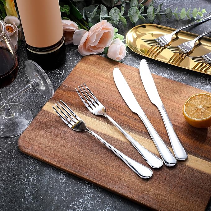 Nuenen 100 Pieces Stainless Steel forks and knives Dinner Flatware Set Tableware Cutlery for Butter Kitchen Restaurant, Dishwasher Safe(Silver,9.06 Inches, 8.07 Inches)